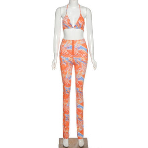 Simenual Sexy Hot Club Bodycon Women Two Piece Sets Bralette And Leggings Zipper Party Fashion Printed Sleeveless Co-ord Outfits