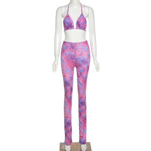 Simenual Sexy Hot Club Bodycon Women Two Piece Sets Bralette And Leggings Zipper Party Fashion Printed Sleeveless Co-ord Outfits