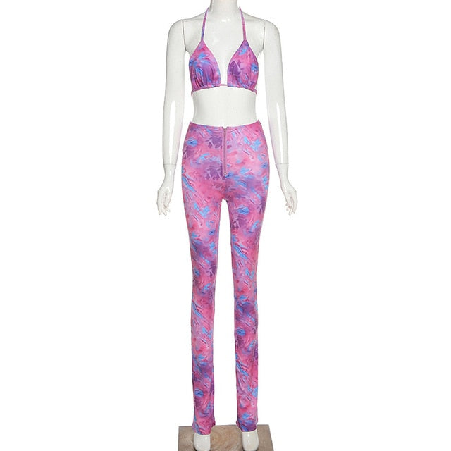 Simenual Sexy Hot Club Bodycon Women Two Piece Sets Bralette And Leggings Zipper Party Fashion Printed Sleeveless Co-ord Outfits