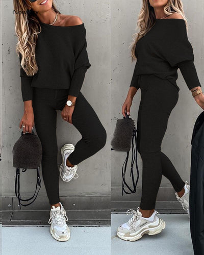 Ladies Long sleeve 2 Pieces Sets Women Fashion Solid Outfits Spring Autumn Sets Slash Neck Suits Streetwear Joggers Tracksuit