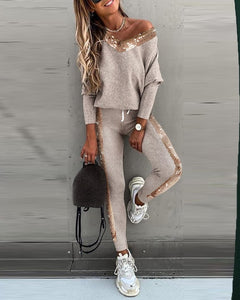 Ladies Long sleeve 2 Pieces Sets Women Fashion Solid Outfits Spring Autumn Sets Slash Neck Suits Streetwear Joggers Tracksuit