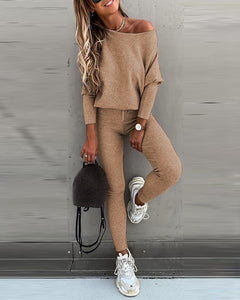 Ladies Long sleeve 2 Pieces Sets Women Fashion Solid Outfits Spring Autumn Sets Slash Neck Suits Streetwear Joggers Tracksuit