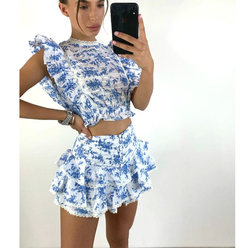 High Quality 2021 Sunday Set elastic waistband Cropped top with ruffle detail and cute ruffle mini shorts skirts
