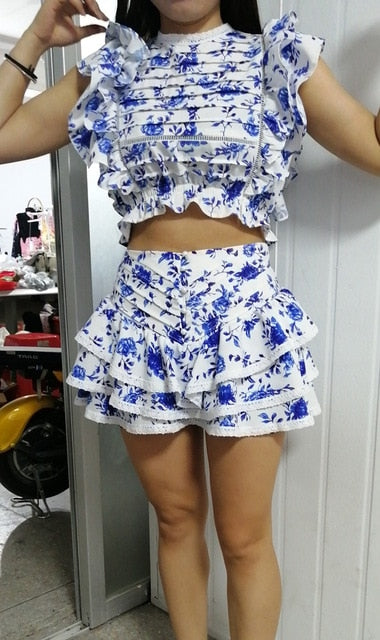 High Quality 2021 Sunday Set elastic waistband Cropped top with ruffle detail and cute ruffle mini shorts skirts