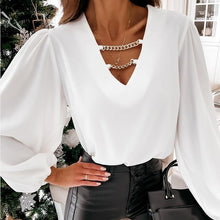 Load image into Gallery viewer, Lace Long Flare Sleeve Women&#39;s Blouse Sexy Backless Deep V-neck Female Blouses 2021 Spring Patchwork Office Casual Ladies Tops