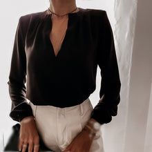 Load image into Gallery viewer, Lace Long Flare Sleeve Women&#39;s Blouse Sexy Backless Deep V-neck Female Blouses 2021 Spring Patchwork Office Casual Ladies Tops