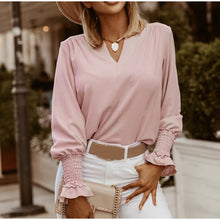Load image into Gallery viewer, Lace Long Flare Sleeve Women&#39;s Blouse Sexy Backless Deep V-neck Female Blouses 2021 Spring Patchwork Office Casual Ladies Tops