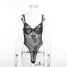 Load image into Gallery viewer, Cryptographic Hot Sale Sheer Lace Bodysuit Women Backless Transparent Mesh Bow Sexy Jumpsuit 2021 Catsuit Straps Bodysuits Thong