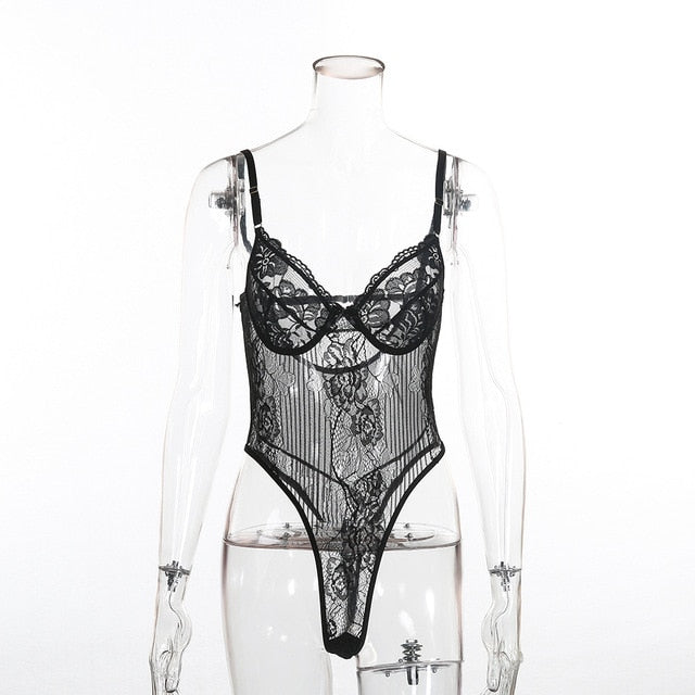 Cryptographic Hot Sale Sheer Lace Bodysuit Women Backless Transparent Mesh Bow Sexy Jumpsuit 2021 Catsuit Straps Bodysuits Thong