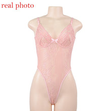 Load image into Gallery viewer, Cryptographic Hot Sale Sheer Lace Bodysuit Women Backless Transparent Mesh Bow Sexy Jumpsuit 2021 Catsuit Straps Bodysuits Thong