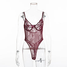 Load image into Gallery viewer, Cryptographic Hot Sale Sheer Lace Bodysuit Women Backless Transparent Mesh Bow Sexy Jumpsuit 2021 Catsuit Straps Bodysuits Thong