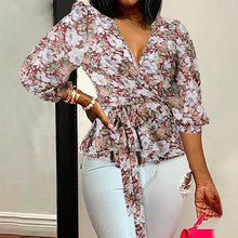 Load image into Gallery viewer, Celmia Women Blouses 5XL Elegant Office Tunic Shirt Sexy Deep V-Neck Leopard Print Belted Fashion Tops Ruffles Blusas Femininas