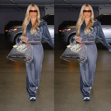 Load image into Gallery viewer, Dulzura Velvet Women 3 Piece Set Hoodie Sweatshirt Zipper Tube Crop Top High Waist Wide Leg Pants Tracksuit Sporty Casual Outfit
