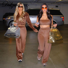 Load image into Gallery viewer, Dulzura Velvet Women 3 Piece Set Hoodie Sweatshirt Zipper Tube Crop Top High Waist Wide Leg Pants Tracksuit Sporty Casual Outfit