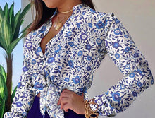 Load image into Gallery viewer, Women Long Sleeve Floral Printed Tie Knot Top Blouse Casual Spring Shirts Female