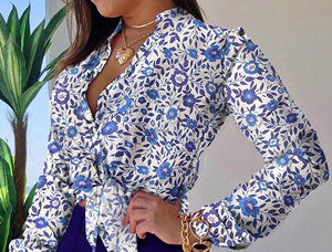 Women Long Sleeve Floral Printed Tie Knot Top Blouse Casual Spring Shirts Female