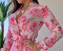 Load image into Gallery viewer, Women Long Sleeve Floral Printed Tie Knot Top Blouse Casual Spring Shirts Female