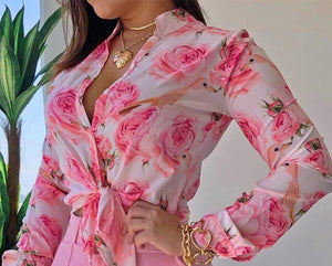 Women Long Sleeve Floral Printed Tie Knot Top Blouse Casual Spring Shirts Female
