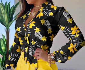 Women Long Sleeve Floral Printed Tie Knot Top Blouse Casual Spring Shirts Female