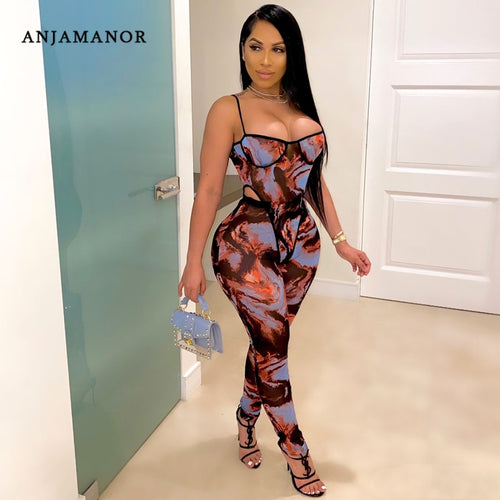 ANJAMANOR Fashion Print Sheer Mesh Pants Set Clubwear See Through Jumpsuit Women Two Piece Outfits Bodysuit Leggings D57-CD18