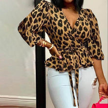 Load image into Gallery viewer, Celmia Women Blouses 5XL Elegant Office Tunic Shirt Sexy Deep V-Neck Leopard Print Belted Fashion Tops Ruffles Blusas Femininas