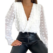 Load image into Gallery viewer, Sale Women Deep V Neck Top White Jacquard Fashion Shirt Female Long Sleeve Chic Shirt Sexy Polka Dot Solid Mesh Blouses D30