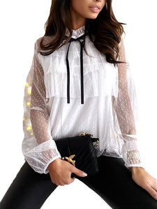Sale Women Deep V Neck Top White Jacquard Fashion Shirt Female Long Sleeve Chic Shirt Sexy Polka Dot Solid Mesh Blouses D30
