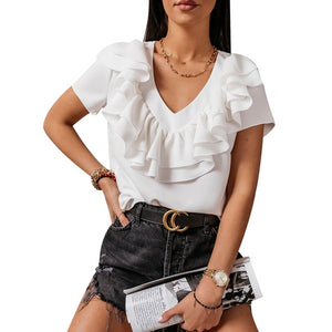 Sale Women Deep V Neck Top White Jacquard Fashion Shirt Female Long Sleeve Chic Shirt Sexy Polka Dot Solid Mesh Blouses D30