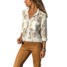 Load image into Gallery viewer, Sale Women Deep V Neck Top White Jacquard Fashion Shirt Female Long Sleeve Chic Shirt Sexy Polka Dot Solid Mesh Blouses D30
