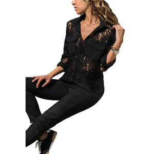 Sale Women Deep V Neck Top White Jacquard Fashion Shirt Female Long Sleeve Chic Shirt Sexy Polka Dot Solid Mesh Blouses D30