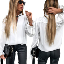 Load image into Gallery viewer, Sale Women Deep V Neck Top White Jacquard Fashion Shirt Female Long Sleeve Chic Shirt Sexy Polka Dot Solid Mesh Blouses D30