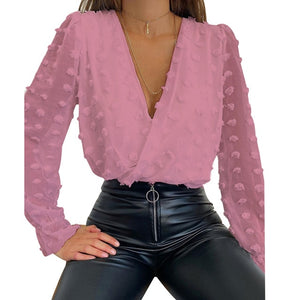 Sale Women Deep V Neck Top White Jacquard Fashion Shirt Female Long Sleeve Chic Shirt Sexy Polka Dot Solid Mesh Blouses D30