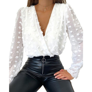 Sale Women Deep V Neck Top White Jacquard Fashion Shirt Female Long Sleeve Chic Shirt Sexy Polka Dot Solid Mesh Blouses D30