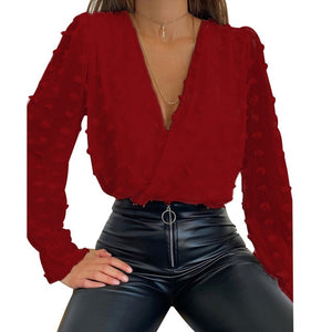 Sale Women Deep V Neck Top White Jacquard Fashion Shirt Female Long Sleeve Chic Shirt Sexy Polka Dot Solid Mesh Blouses D30