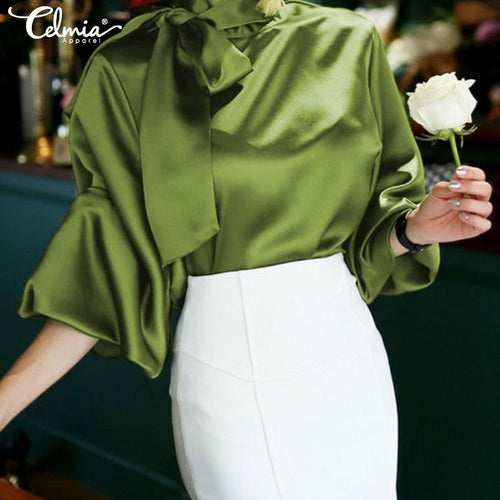 Celmia Women Satin Blouses 2021 Fashion Tops Tunic Plus Size Elegant OL Bow Tie Lantern Sleeve Office Shirt Casual Slik Blusas
